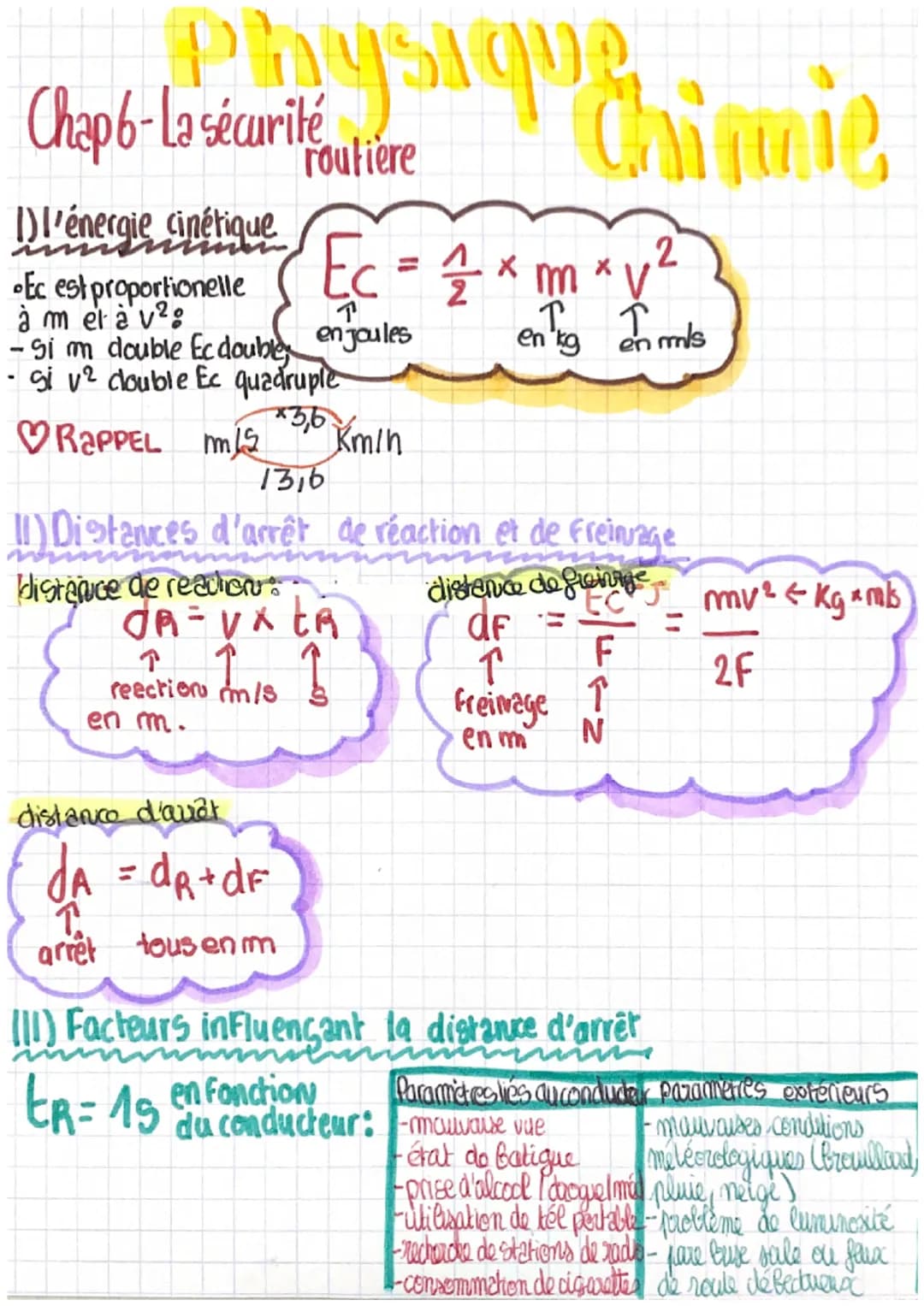 PhysiquChimie
2
Ec = ₁/² × m * v ²
1/2
T
Chap 6-La sécurité
1)L'énergie cinétique
Ec est proportionelle
à melà v²:
-Si m double Ecdoubley en