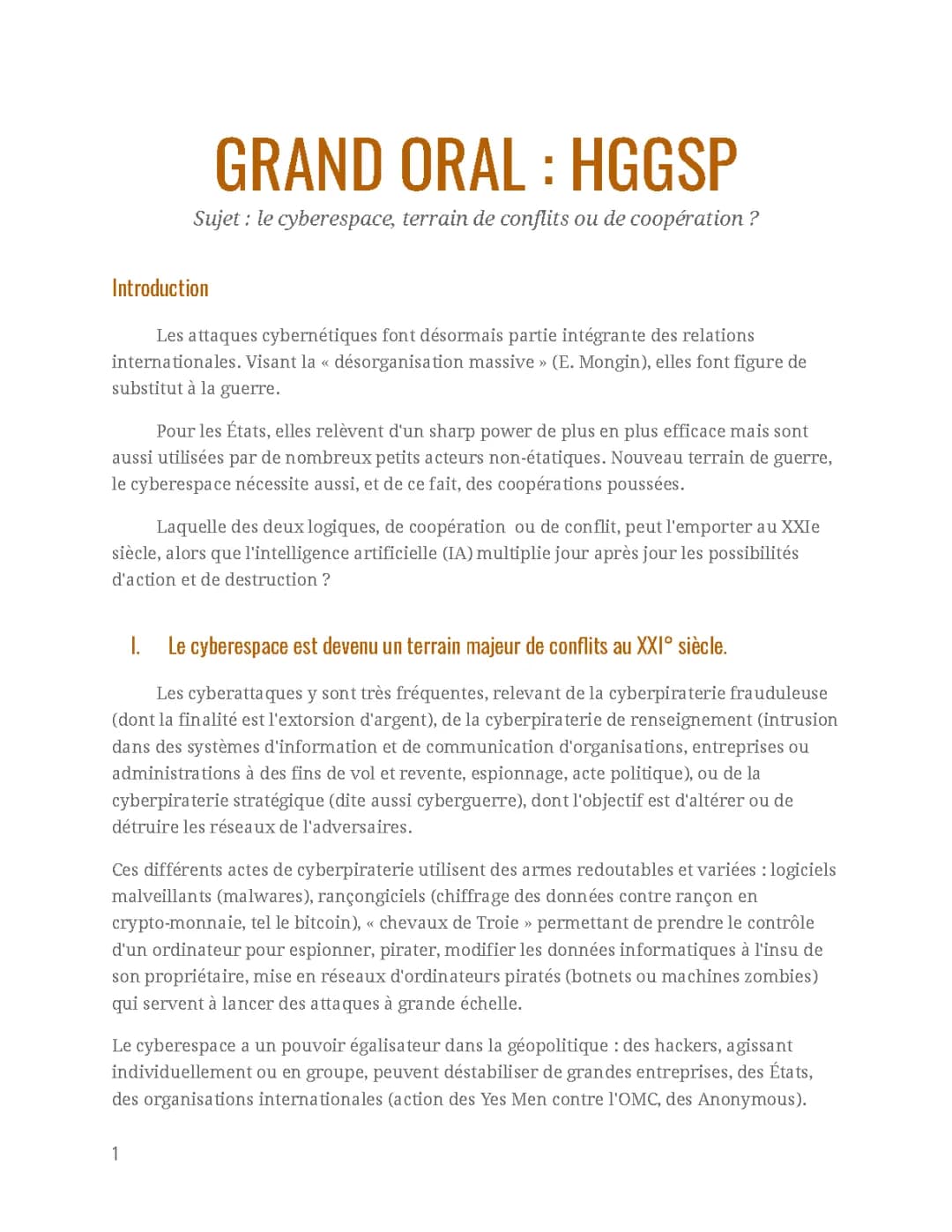 Sujet Grand Oral HGGSP Exemple et Corrigé : Cyberespace et Guerre
