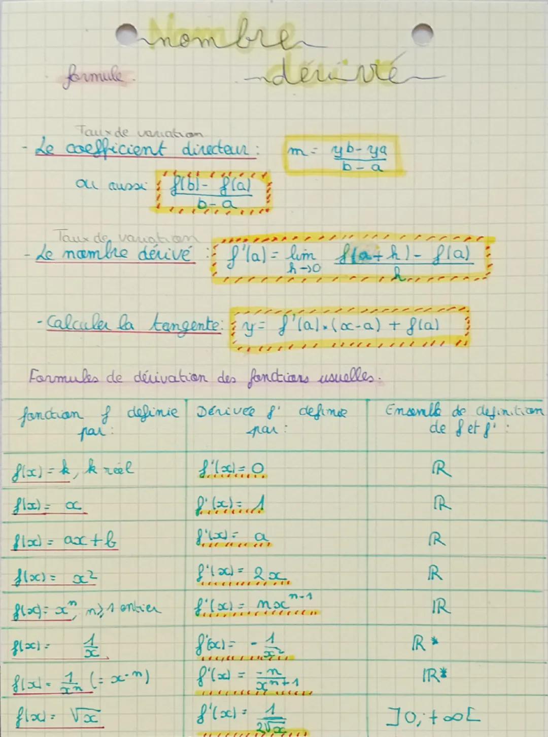 # nombre

formule.

dérivé

Taux de variation.

- Le coefficient directeur: $m = \frac{yb-ya}{b-a}$

OLL aussi $\frac{f(b)-f(a)}{b-a}$

Taux