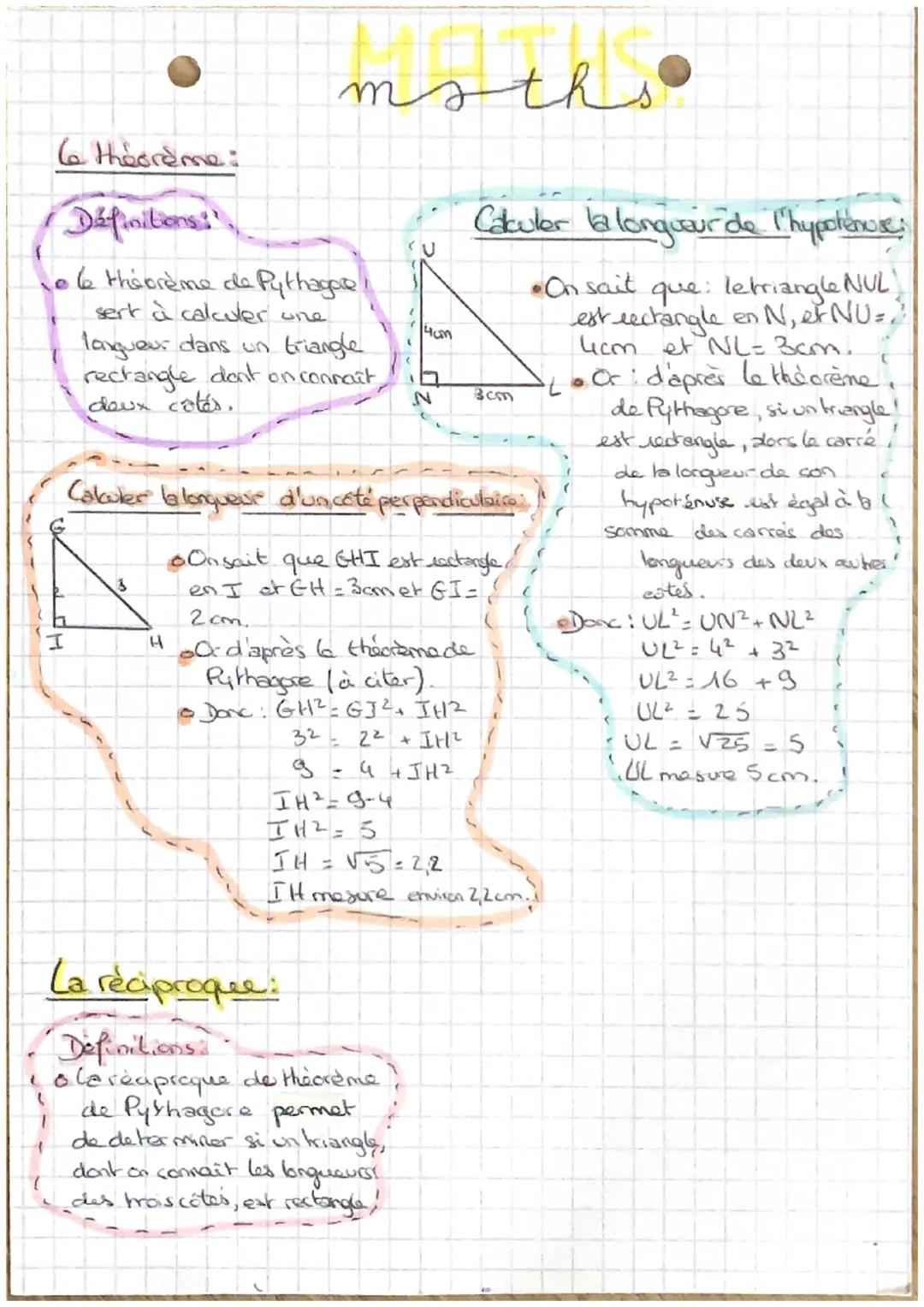 6 théorème:
Définitions!"
106 théorème de Pythagore
sert à calculer one.
langueur dans un triangle
rectangle don't on connaît
deux côtés,
I

