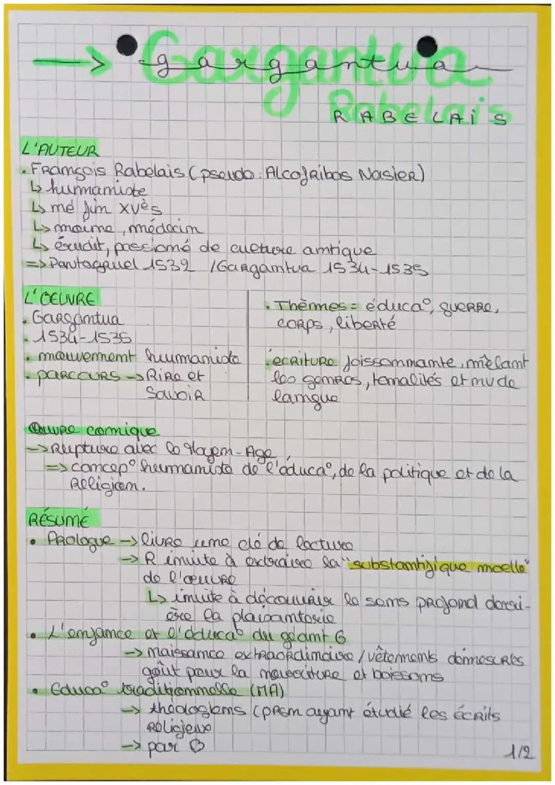 Gargantua Résumé par Chapitre - Fiche de Lecture PDF pour le Bac