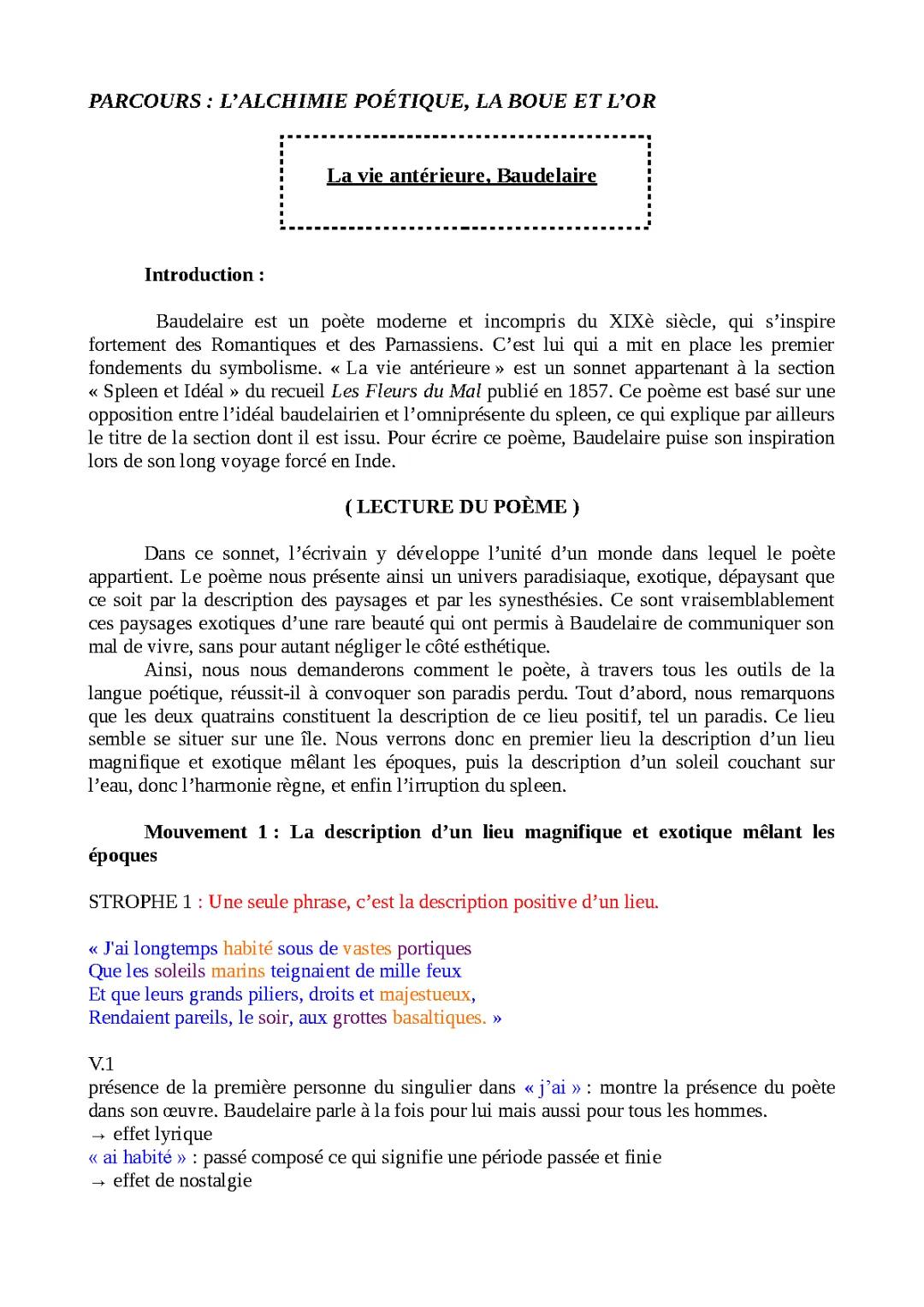 La Vie Antérieure de Baudelaire - Commentaire Linéaire Facile