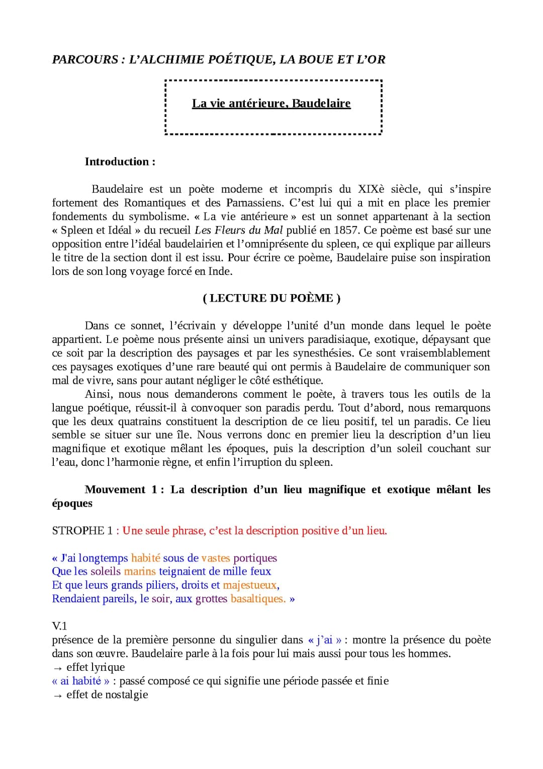 La Vie Antérieure de Baudelaire - Commentaire Linéaire Facile