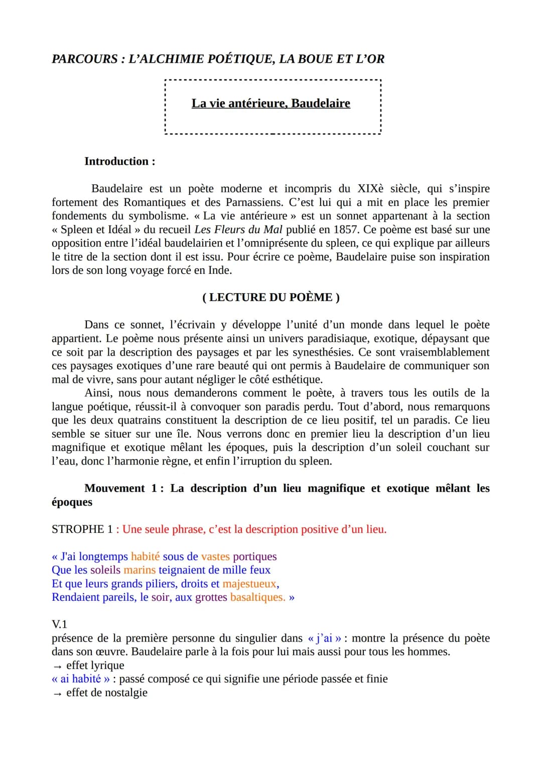 PARCOURS : L'ALCHIMIE POÉTIQUE, LA BOUE ET L'OR
Introduction :
La vie antérieure, Baudelaire
Baudelaire est un poète moderne et incompris du