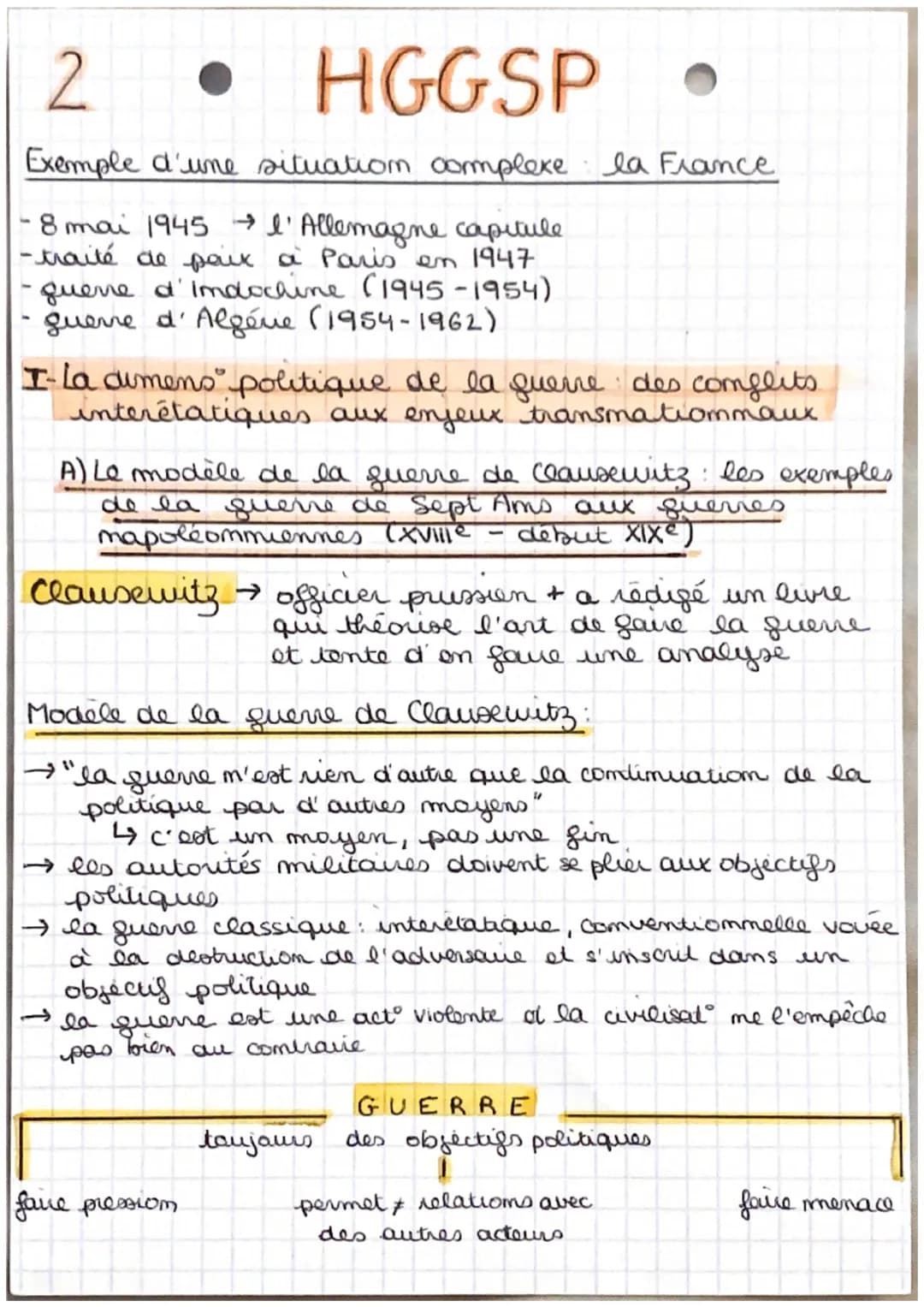 1
HGGSP
Faire la guerre, faire la paix
Introduction:
guerre = comgeit armé, acte de violence destimé à
comtraindre l'adversaire à exécuter m