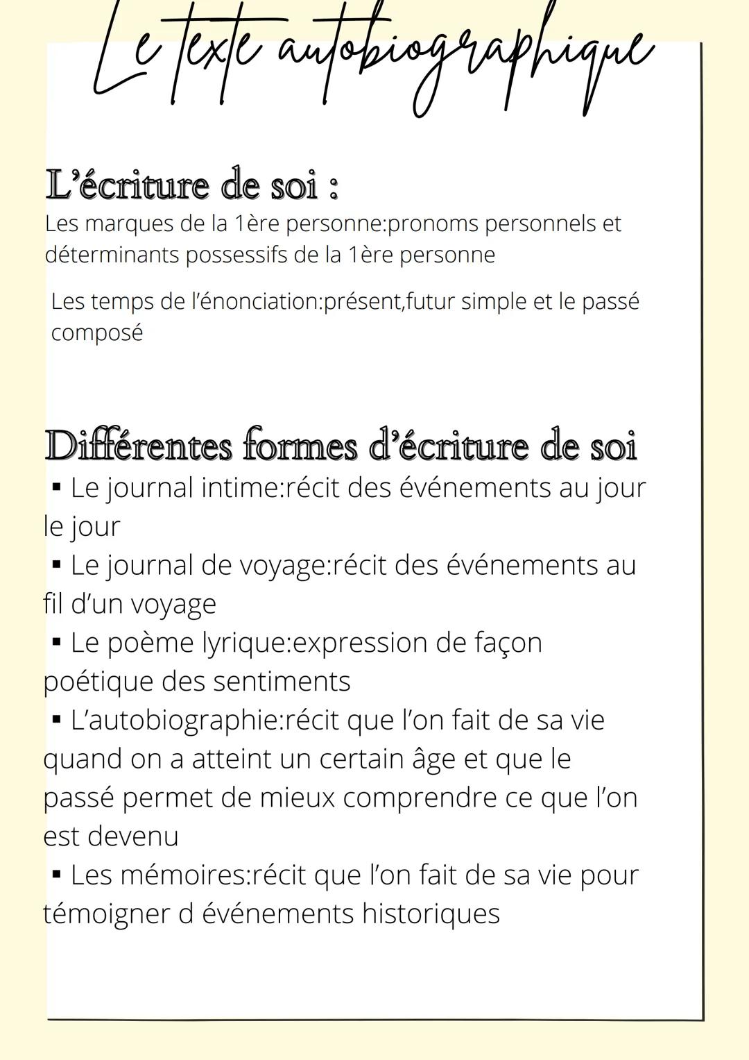 Le texte autobiographique
L'écriture de soi :
Les marques de la 1ère personne:pronoms personnels et
déterminants possessifs de la 1ère perso