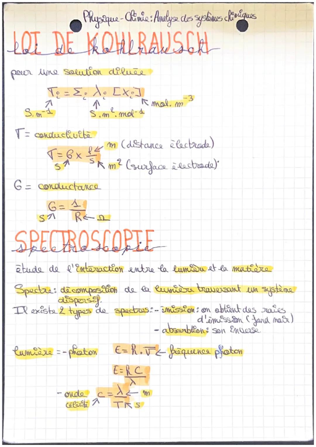 Physique-Chimie : Analyse des systèmes chimiques
LOT DE KOHLRAUSCH
pour une solution diluée
T₁ = Σ₂ λ ₁ [x₂ ]]
↑
S.m². md-s
Rmal. m
S.m-1
T=