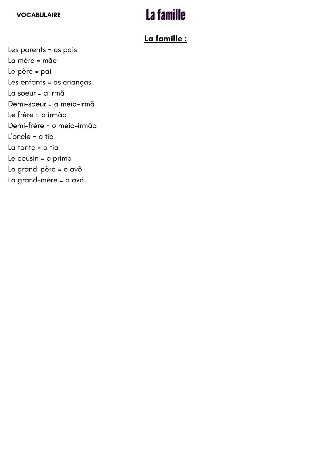 VOCABULAIRE
Les parents = os pais
La mère mãe
Le père = pai
Les enfants = as crianças
La soeur - a irmã
Demi-soeur - a meia-irmã
Le frère o 