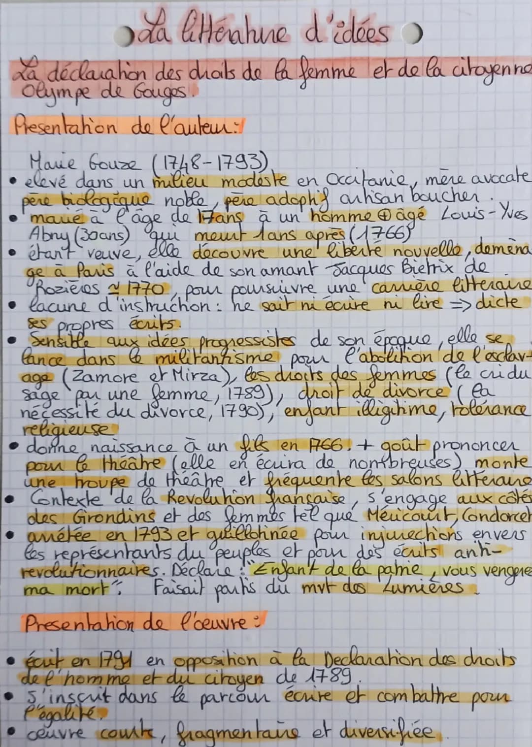 La littérature d'idées)
La déclaration des droits de la femme et de la citoyenne
Olympe de Gouges.
Presentation de l'auteur:
Marie Gouze (17