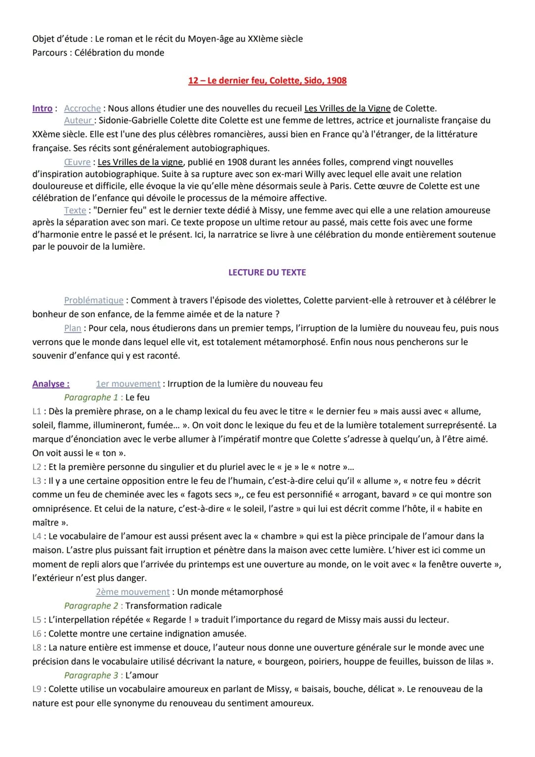 Analyse linéaire du Dernier Feu de Colette, Les Vrilles de la Vigne et Sido