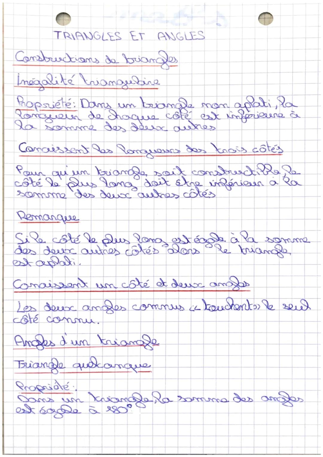 # TRIANGLES ET ANGLES
Constructions de briangles
Inégalité triangulaire
Propriété: Dans un triangle mon aplati, la
Longueur de chaque côté e