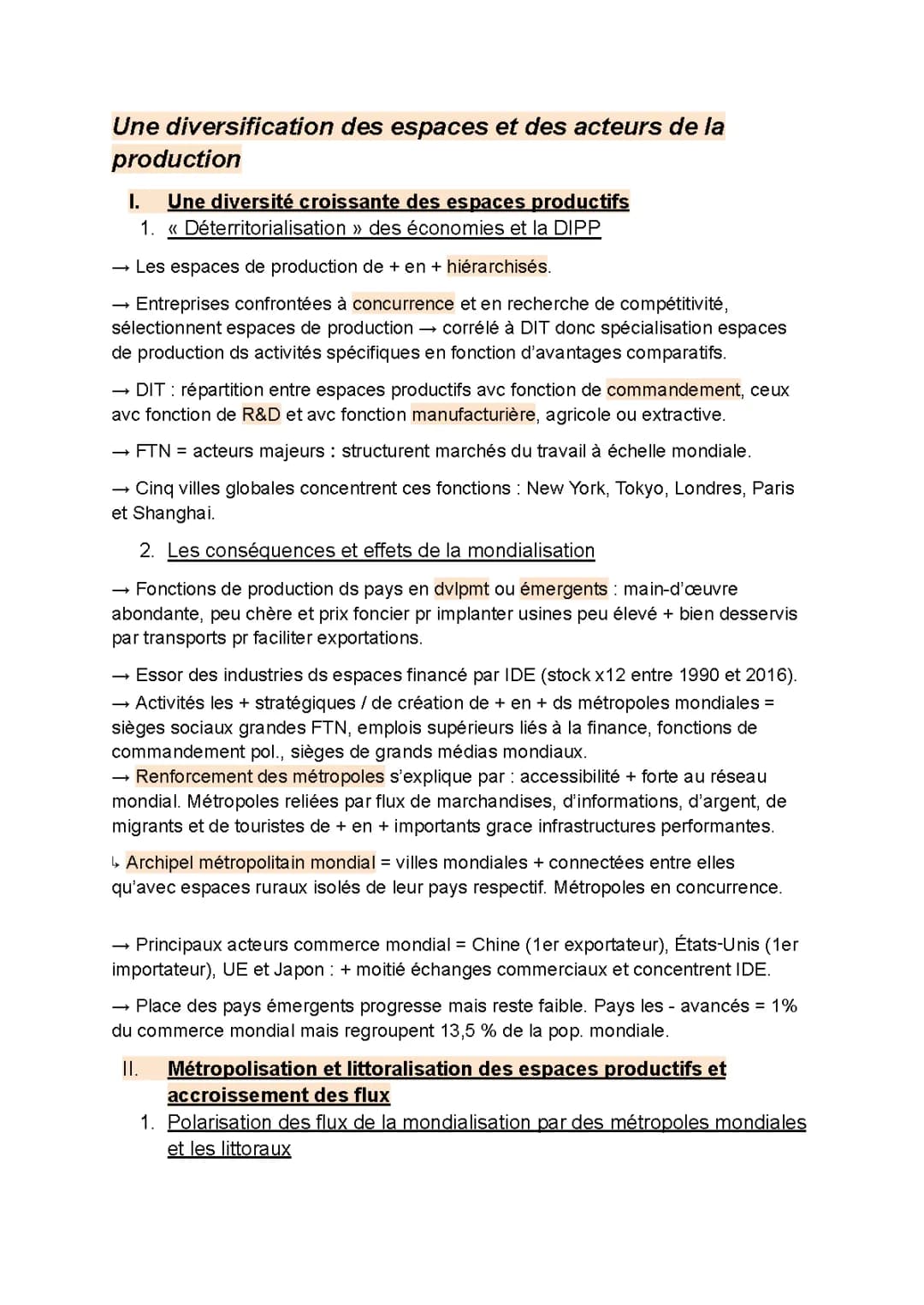 Guide de révision - Géographie / Une diversification des espaces et des acteurs de la production