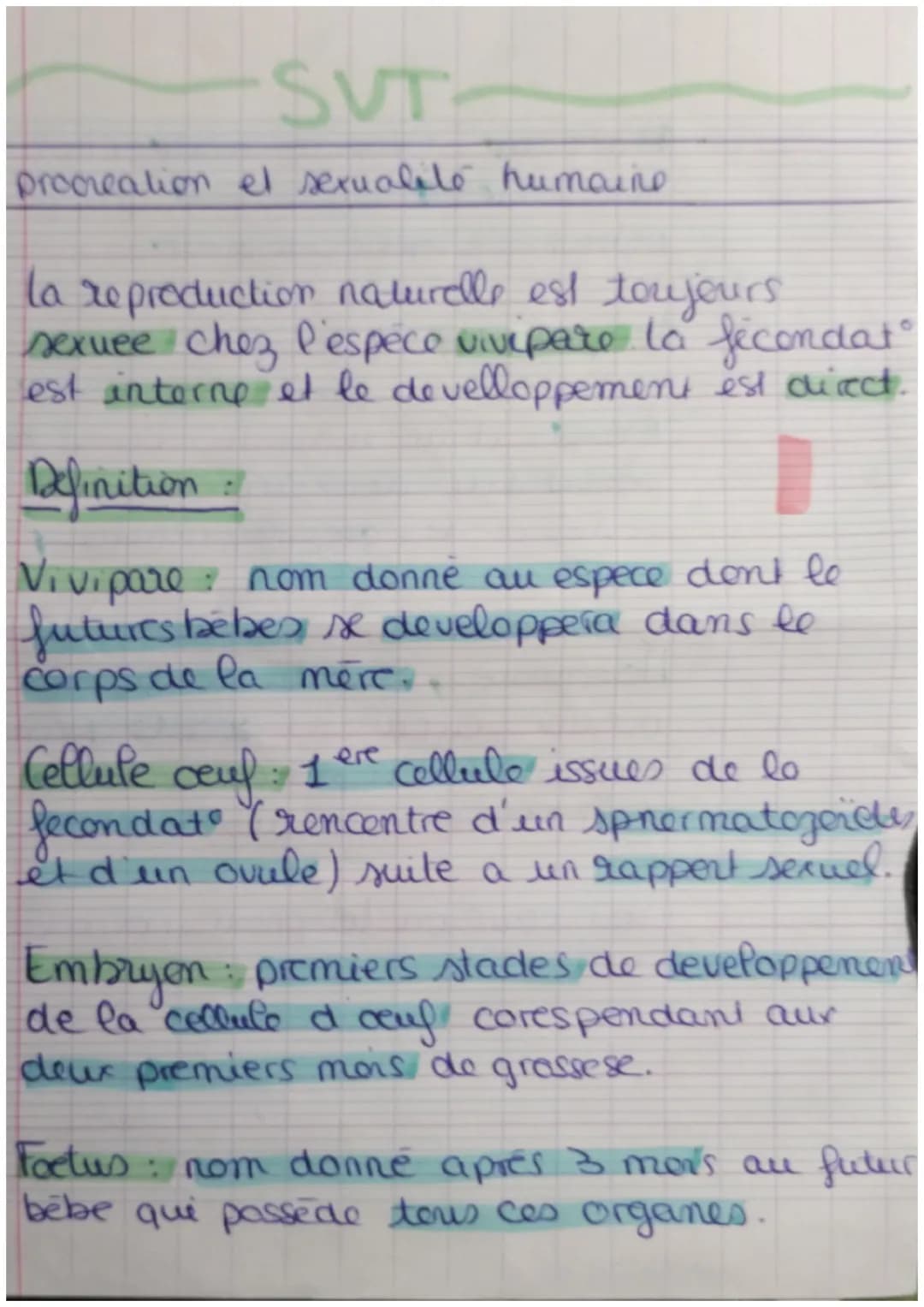 SVT-
procreation et sexualité humaine
la reproduction naturelle est toujours
sexuee chez l'espèce vivipare la fecondat
est interne et le dev