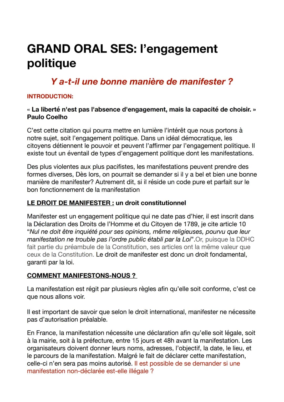 GRAND ORAL SES: l'engagement
politique
Y a-t-il une bonne manière de manifester ?
INTRODUCTION:
<< La liberté n'est pas l'absence d'engageme