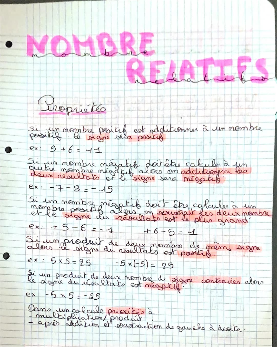 NOMBRE
RELATIES
Propriétés
sasikun nombre positif est additionner à un nombre
signe sera
ex.
5+6=41
Si un nombre négatif doit être calculer 