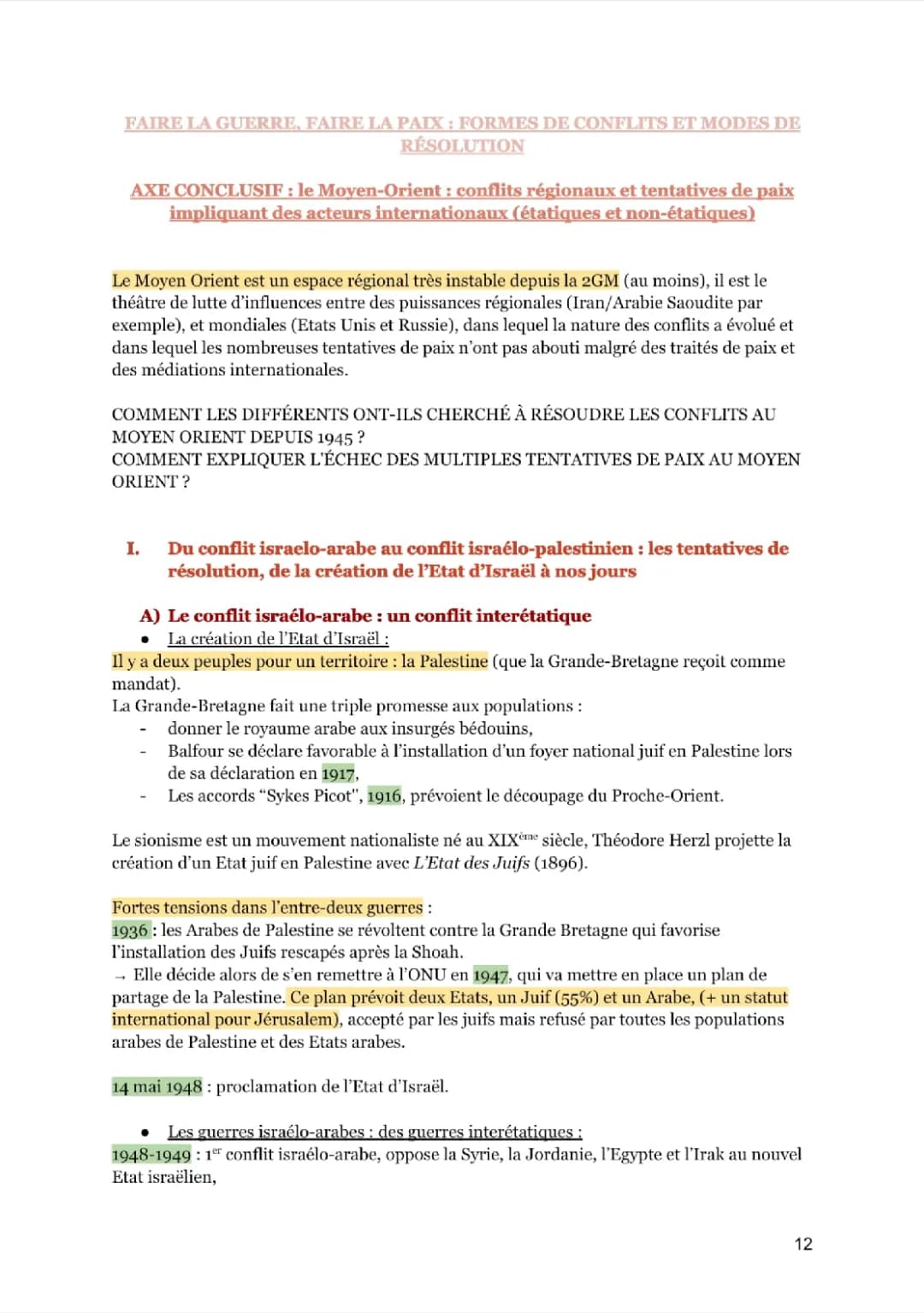 Faire la guerre, faire la paix HGGSP - Fiche de révision Terminale PDF, Guerre et paix Moyen-Orient