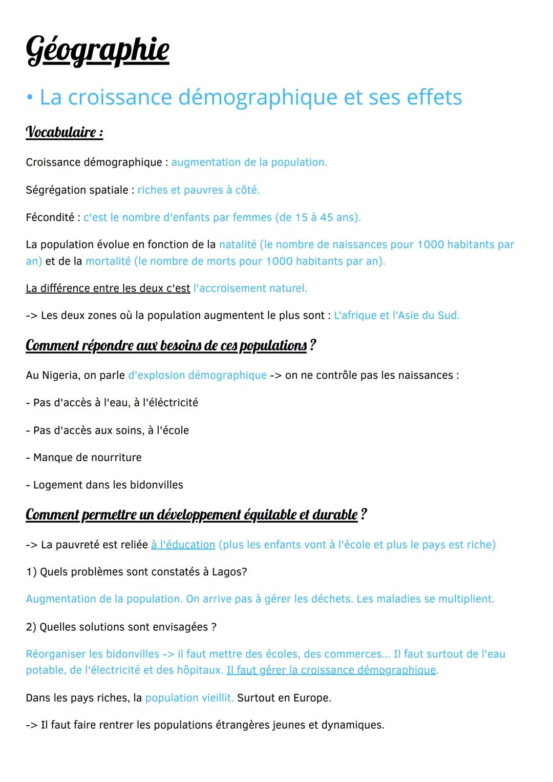 Géographie
●
La croissance démographique et ses effets
Vocabulaire :
Croissance démographique : augmentation de la population.
Ségrégation s