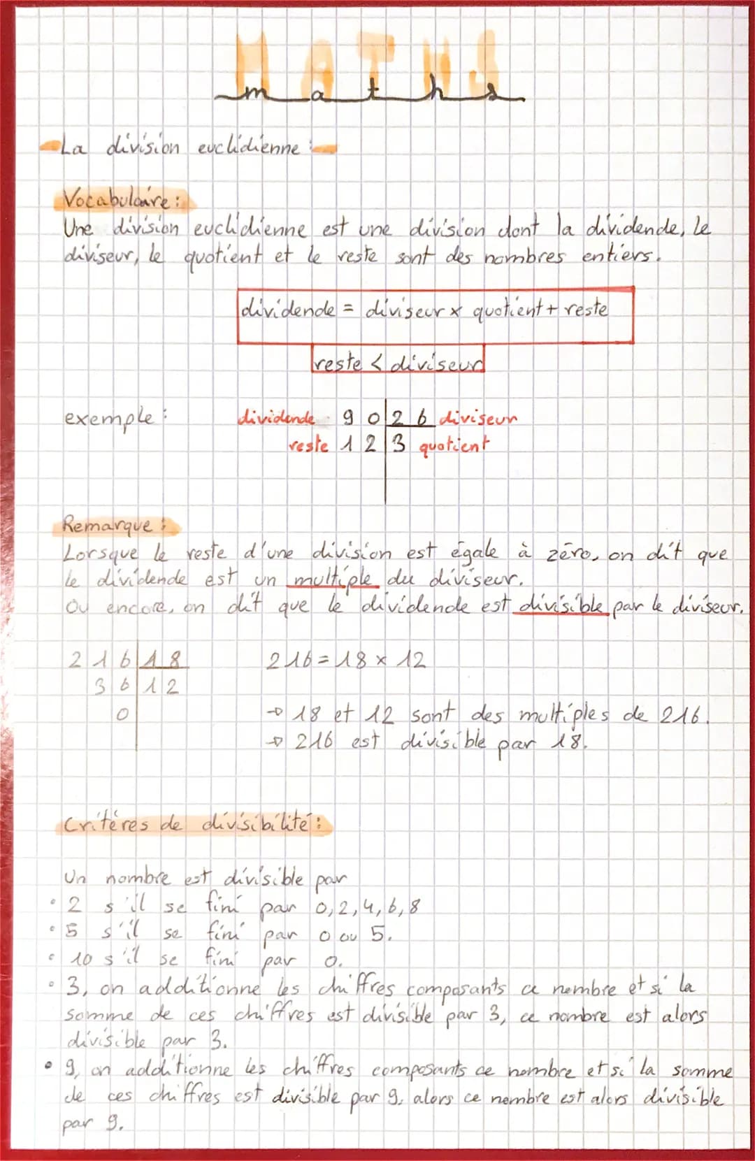 C
D
exemple:
La division euclidienne.
Vocabulare:
Une division euclidienne est une division dont la dividende, le
diviseur, le quotient et l