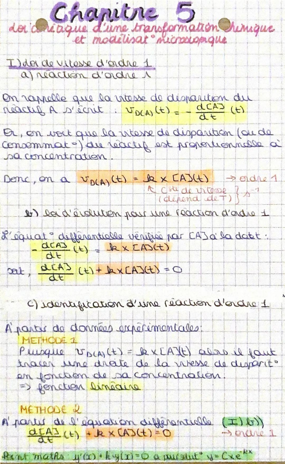 # Chapitre 5

de la cinétique d'une transformation chimique
et modélisat° microscopique

I) Loi de vitesse d'ordre 1
a) réaction d'ordre 1


