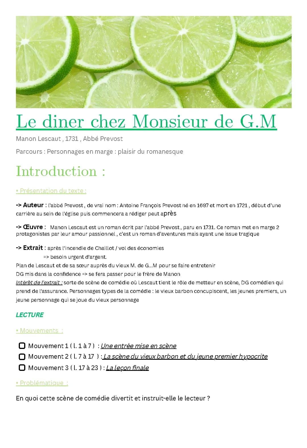 Analyse Linéaire Manon Lescaut : Le dîner chez Monsieur de G.M. PDF