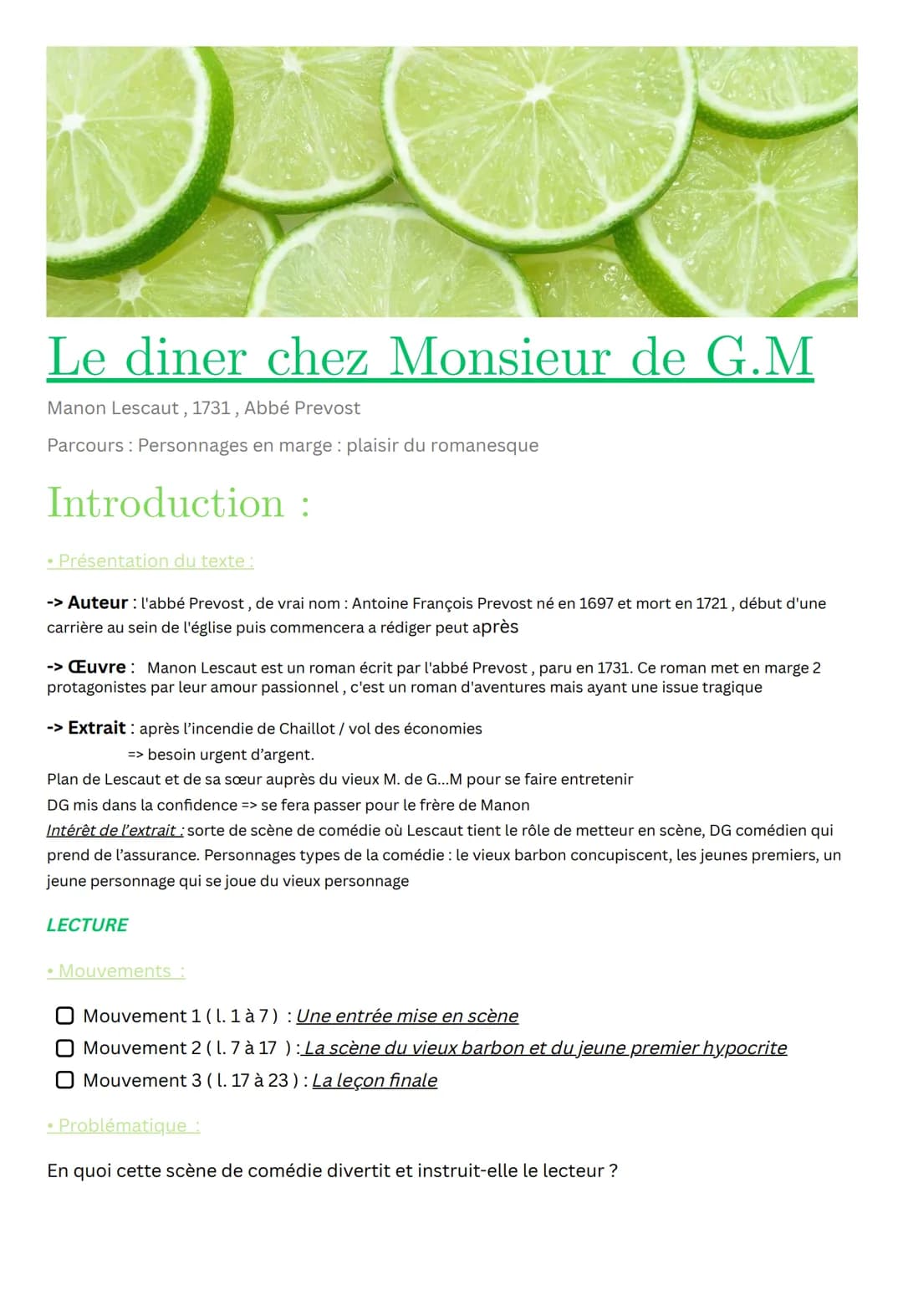 Le diner chez Monsieur de G.M
Manon Lescaut, 1731, Abbé Prevost
Parcours Personnages en marge: plaisir du romanesque
Introduction :
• Présen