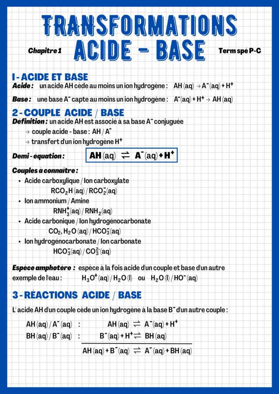 TRANSFORMATIONS
ACIDE - BASE
●
Chapitre 1
I-ACIDE ET BASE
Acide: un acide AH cède au moins un ion hydrogène: AH (aq) → A*(aq) + H+
Base: une