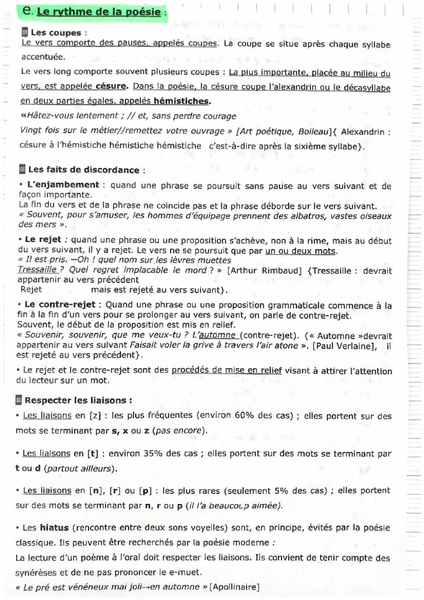 LA VERSIFICATION
a. La métrique :
Pour mesurer la longueur du vers, on compte de syllabes prononcées -le mètre- en
tenant compte de trois pa