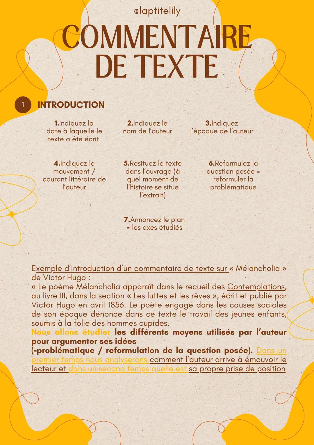 # @laptitelily
# COMMENTAIRE
# DE TEXTE

1 # INTRODUCTION

1.Indiquez la
date à laquelle le
texte a été écrit

4.Indiquez le
mouvement /
cou