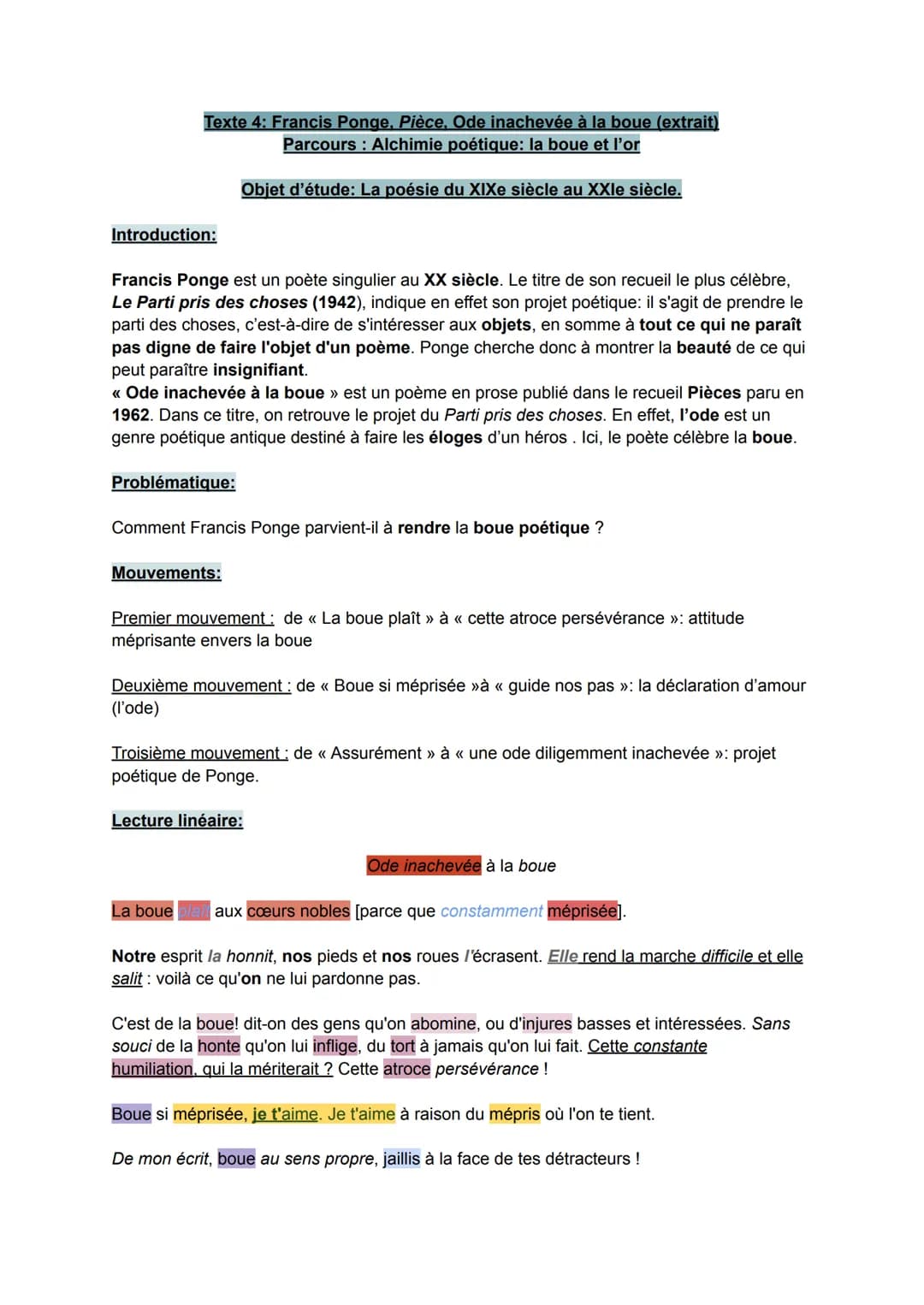 Texte 4: Francis Ponge, Pièce, Ode inachevée à la boue (extrait)
Parcours : Alchimie poétique: la boue et l'or
Objet d'étude: La poésie du X