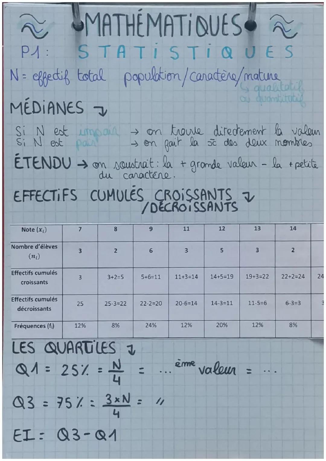 ~ MATHEMATIQUES
P1:
STATISTIQUES
N = effectif total population/caractère/mature
MÉDIANES →
Si N est impon → on trouve directement la valeu
S