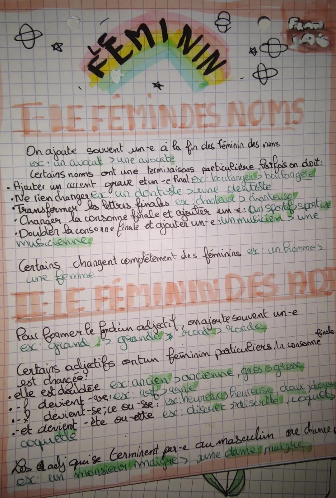 ☆

# FÉMININ

☆

FRA

## I LE FEMINDES NOMS

On ajoute souvent un-e à la fin des féminin des noms.
esc: un avocat > une avocate

Certains no