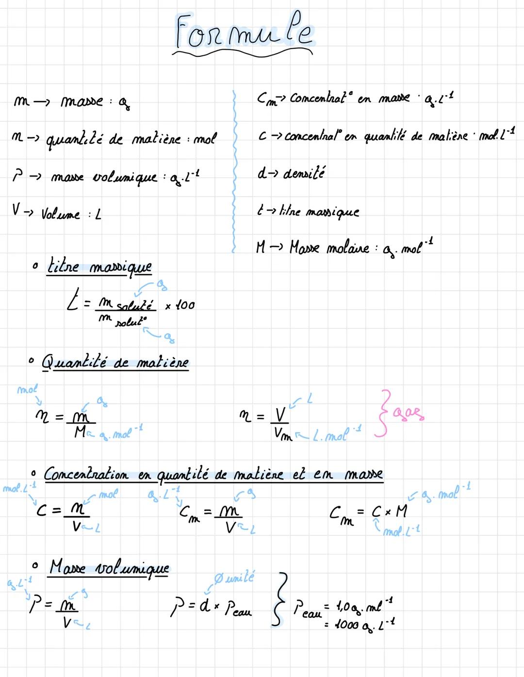 # Formule

m masse: q

n quantité de matière : mol

P masse volumique: a.Lt

V Volume: L

• titre massique

$L = \frac{m \text{ saluté }}{m 