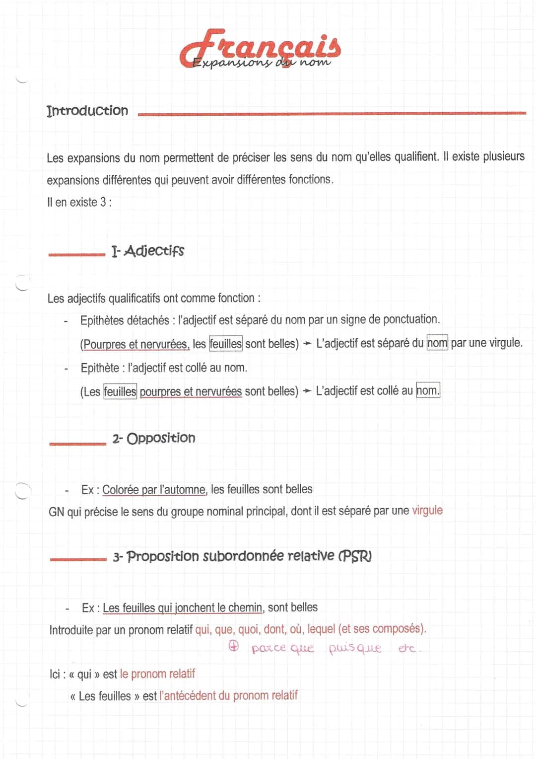 Introduction
Expansions du nom
Les expansions du nom permettent de préciser les sens du nom qu'elles qualifient. Il existe plusieurs
expansi