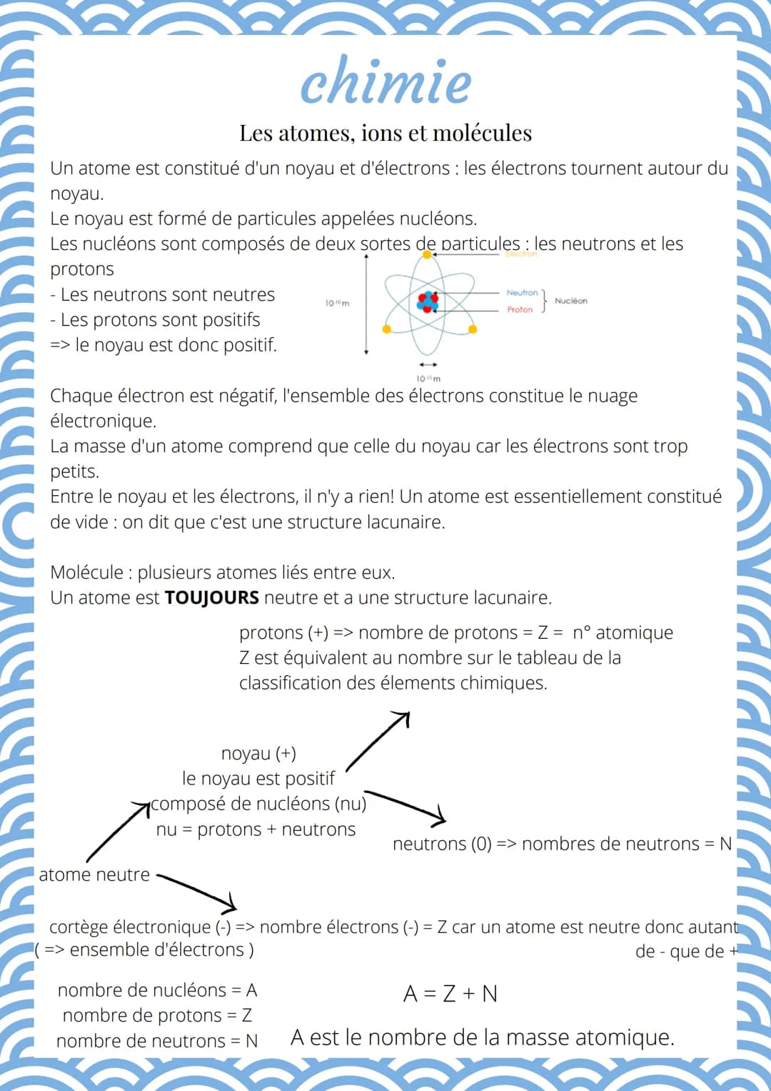 chimie
Les atomes, ions et molécules
Un atome est constitué d'un noyau et d'électrons : les électrons tournent autour du
noyau.
Le noyau est