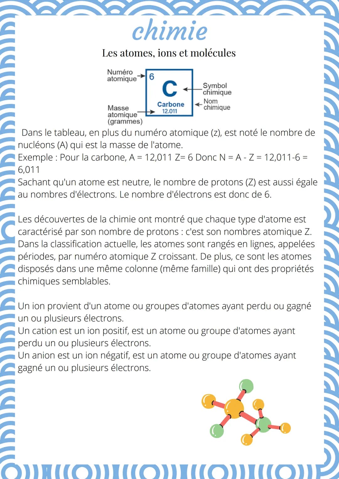 chimie
Les atomes, ions et molécules
Un atome est constitué d'un noyau et d'électrons : les électrons tournent autour du
noyau.
Le noyau est