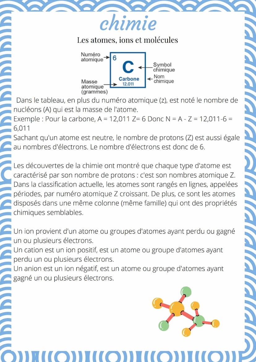 chimie
Les atomes, ions et molécules
Un atome est constitué d'un noyau et d'électrons : les électrons tournent autour du
noyau.
Le noyau est