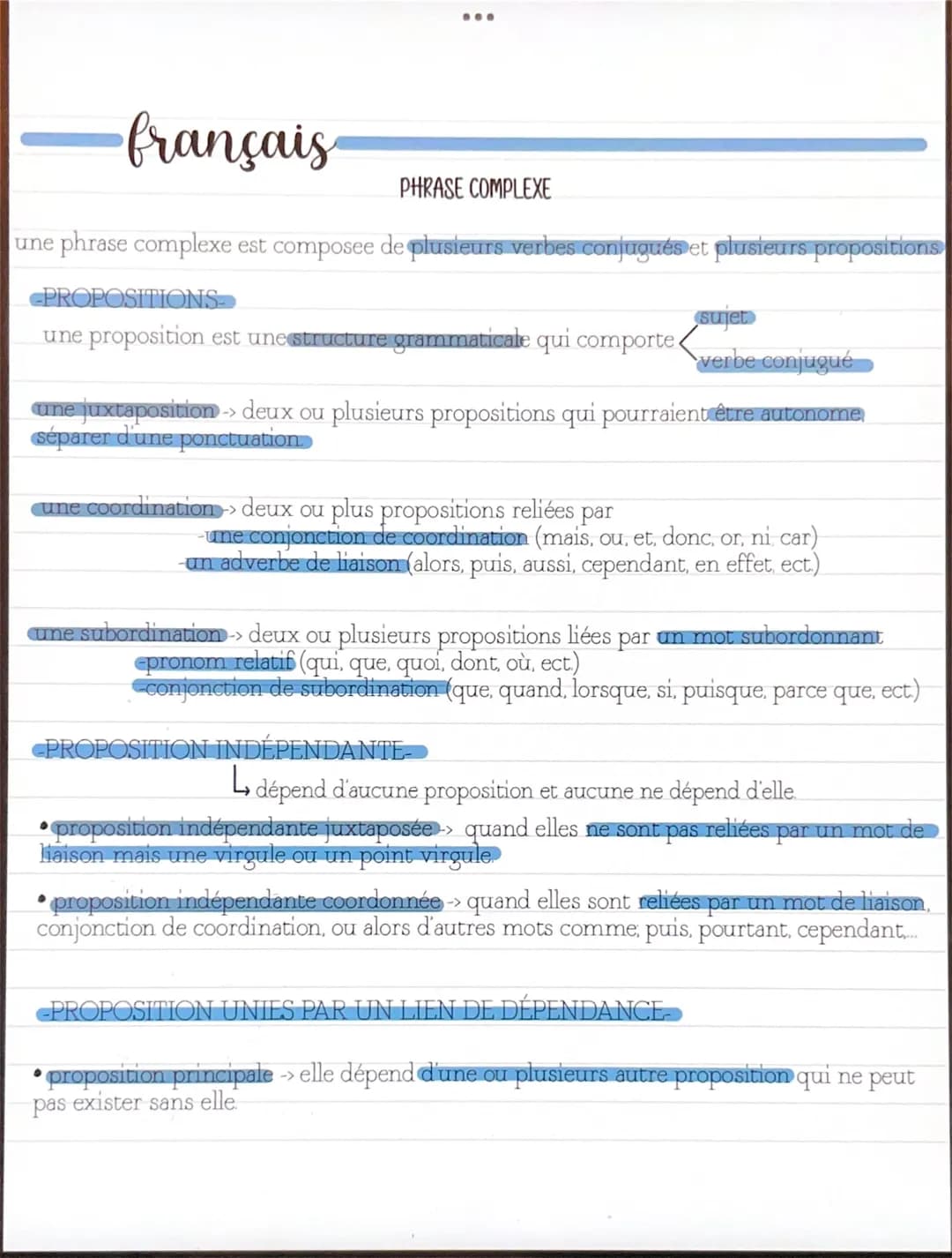 -français
:
PHRASE COMPLEXE
une phrase complexe est composee de plusieurs verbes conjugués et plusieurs propositions
PROPOSITIONS
une propos