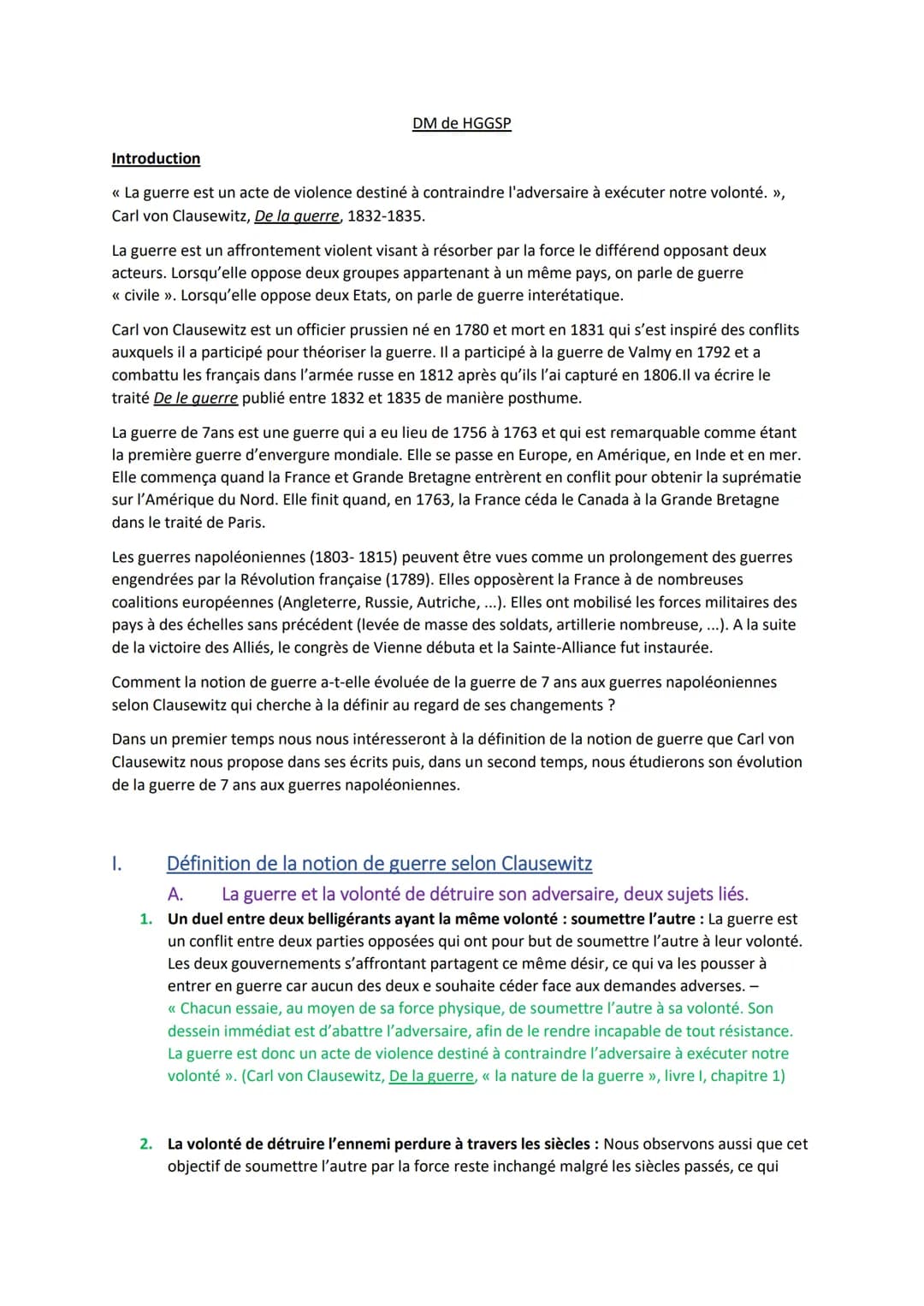 DM de HGGSP
Introduction
<< La guerre est un acte de violence destiné à contraindre l'adversaire à exécuter notre volonté. »>,
Carl von Clau