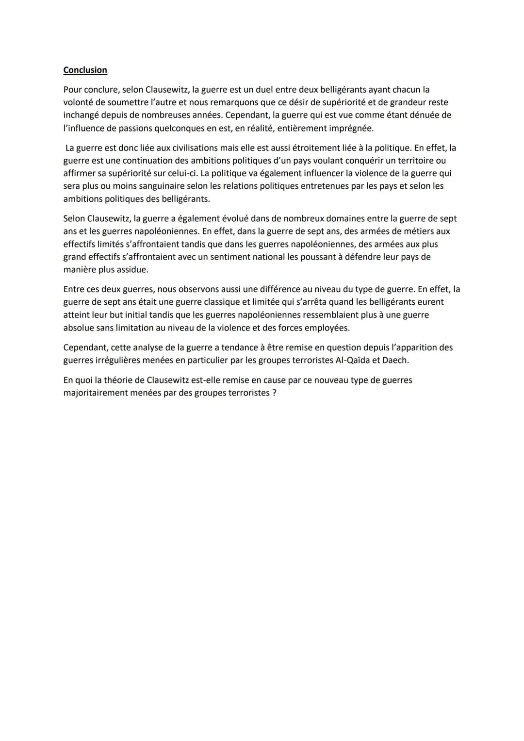 DM de HGGSP
Introduction
<< La guerre est un acte de violence destiné à contraindre l'adversaire à exécuter notre volonté. »>,
Carl von Clau