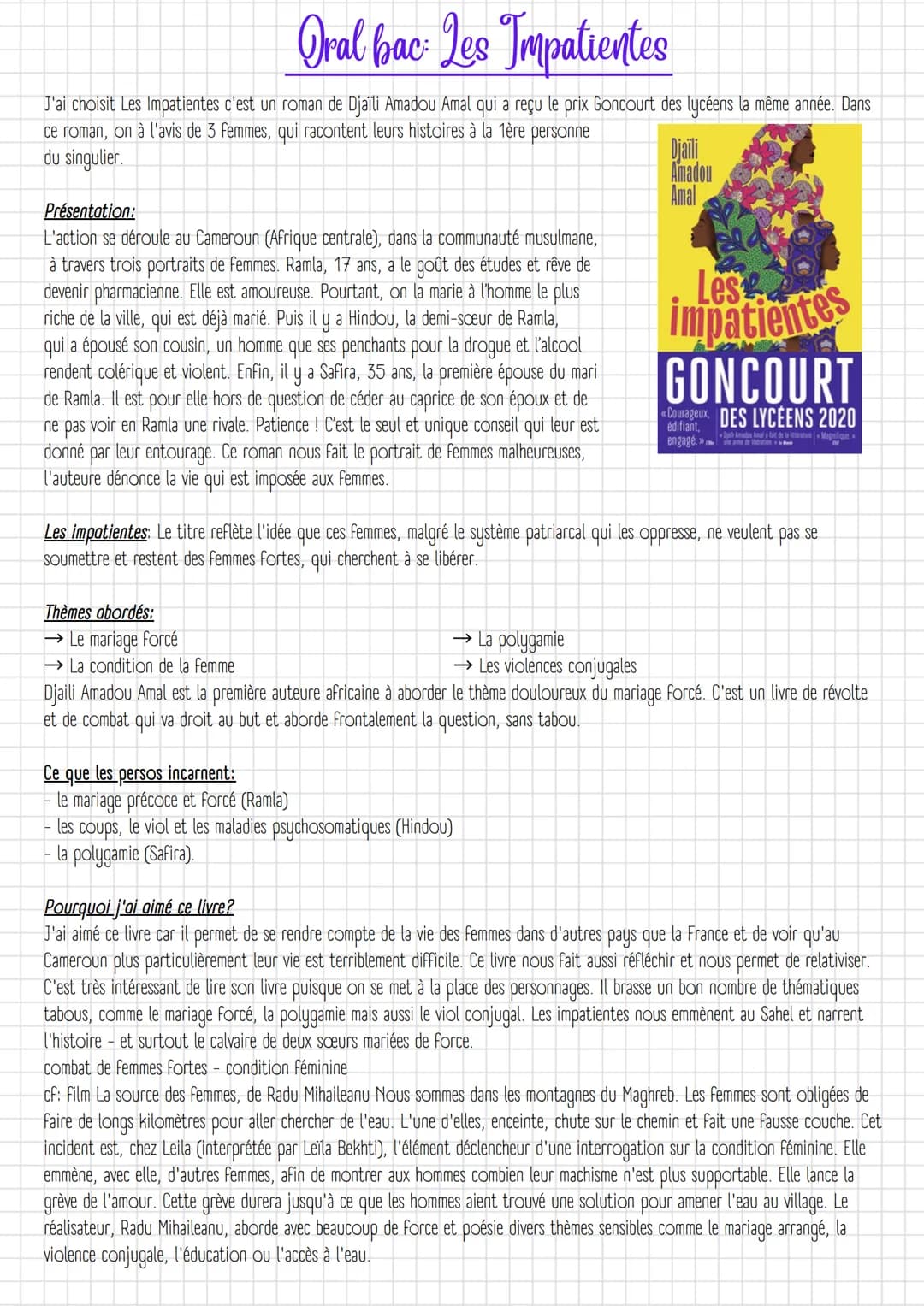 Oral bac Les Impatientes
▬▬
J'ai choisit Les Impatientes c'est un roman de Djaïli Amadou Amal qui a reçu le prix Goncourt des lycéens la mêm