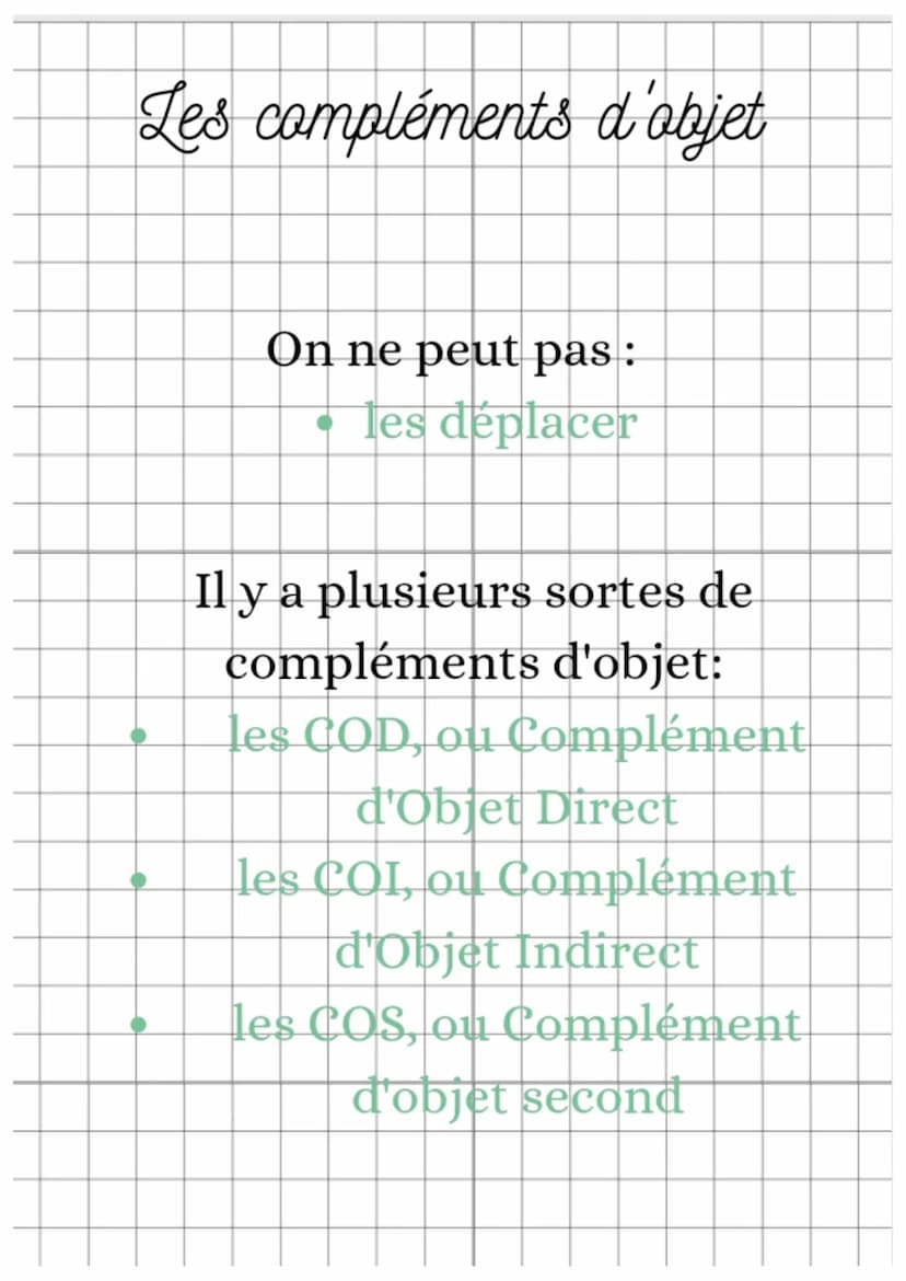 Les compléments
d'objet Les compléments d'aobjet
On ne peut pas :
les déplacer
Il y a plusieurs sortes de
compléments d'objet:
les COD, ou C
