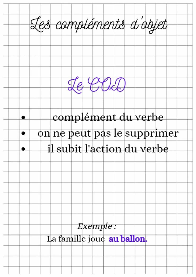 Les compléments
d'objet Les compléments d'aobjet
On ne peut pas :
les déplacer
Il y a plusieurs sortes de
compléments d'objet:
les COD, ou C