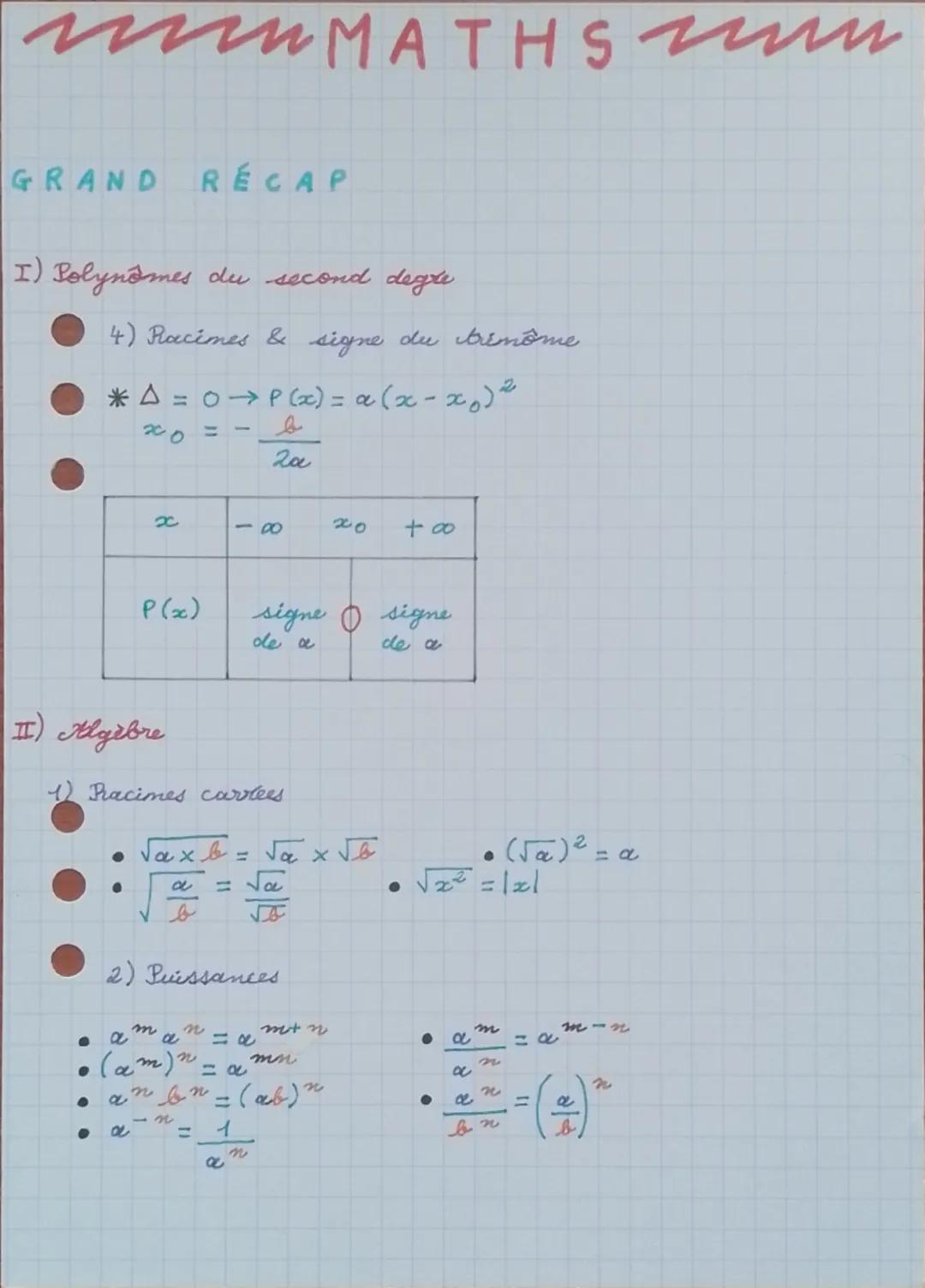 ## MATHS

GRAND RECAP

I) Polynômes du second degré

1) Calcul littéral

a) Identités remarquables

*   $(a+b)² = a² + 2ab + b²$
*   $(a - b