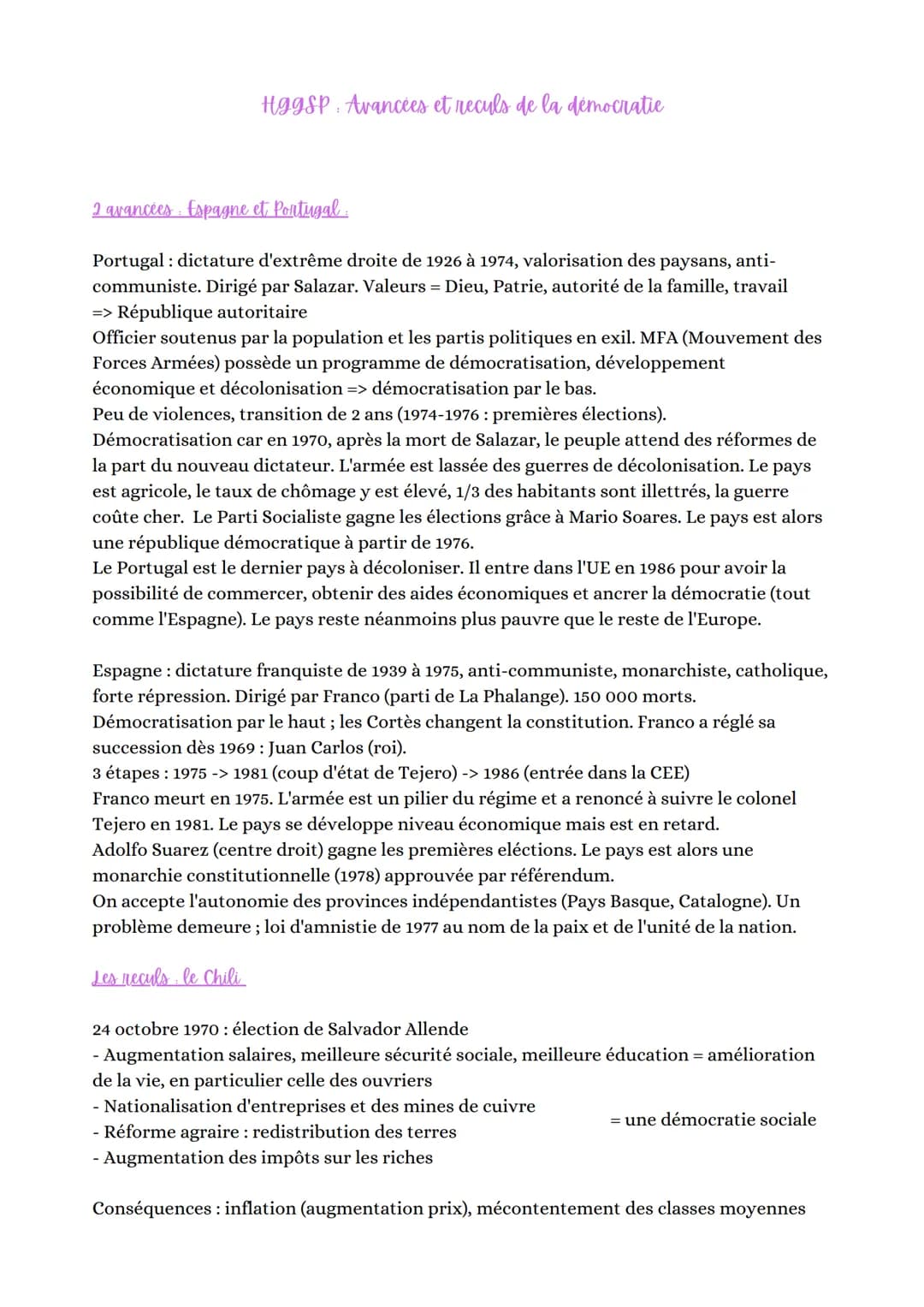 Hggsp: Avancées et reculs de la démocratie
2 avancées Espagne et Portugal:
Portugal: dictature d'extrême droite de 1926 à 1974, valorisation