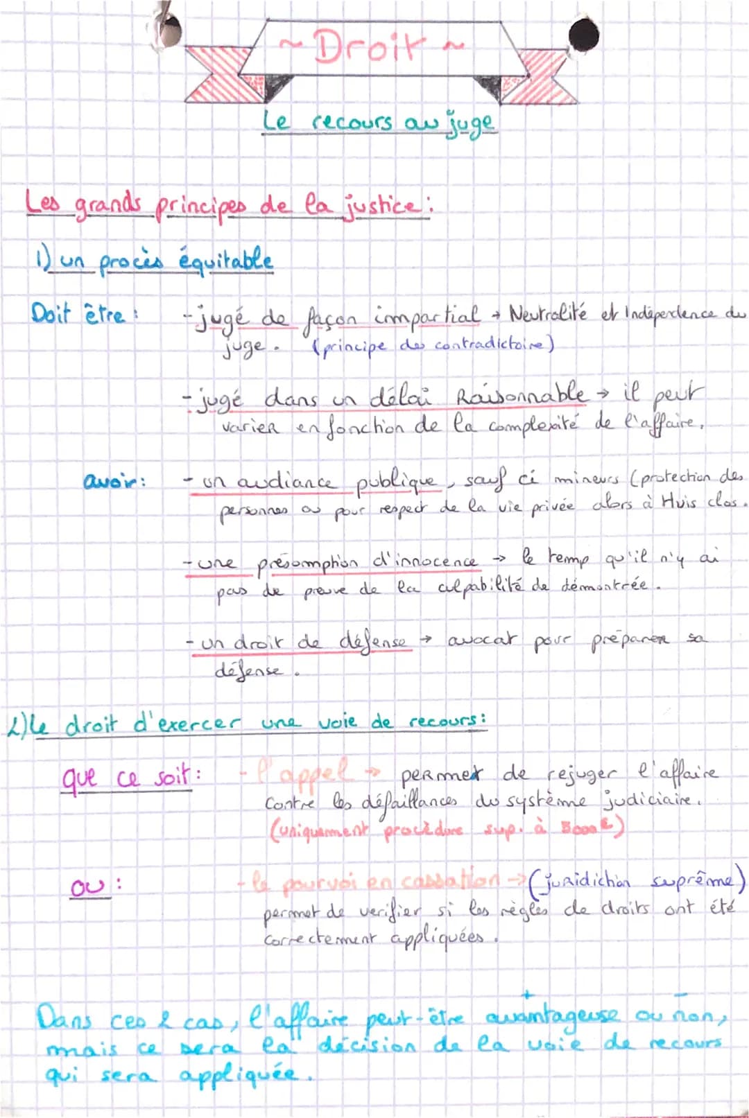 Les grands principes de la justice:
1) un procès équitable
Doit être
avoir:
Droit
Le recours au juge
OUB
-jugé de façon impartial + Neutrali