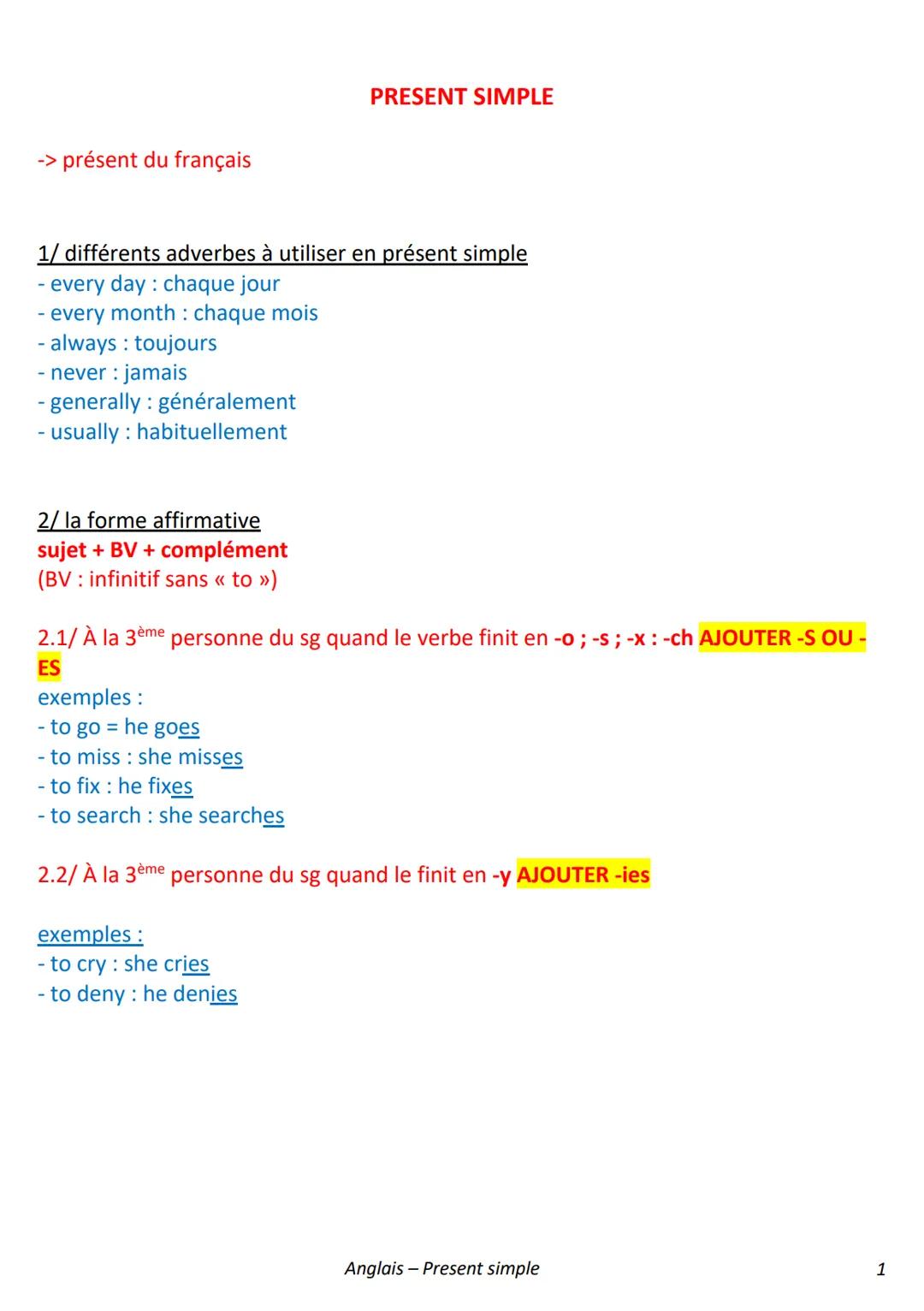 -> présent du français
1/ différents adverbes à utiliser en présent simple
- every day : chaque jour
- every month : chaque mois
- always : 