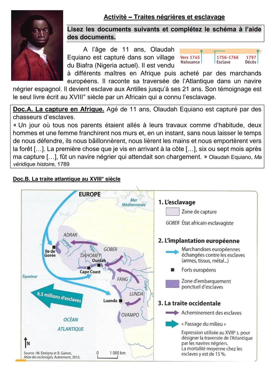 A l'âge de 11 ans, Olaudah
Equiano est capturé dans son village Vers 1745
du Biafra (Nigeria actuel). Il est vendu
Naissance
à différents ma