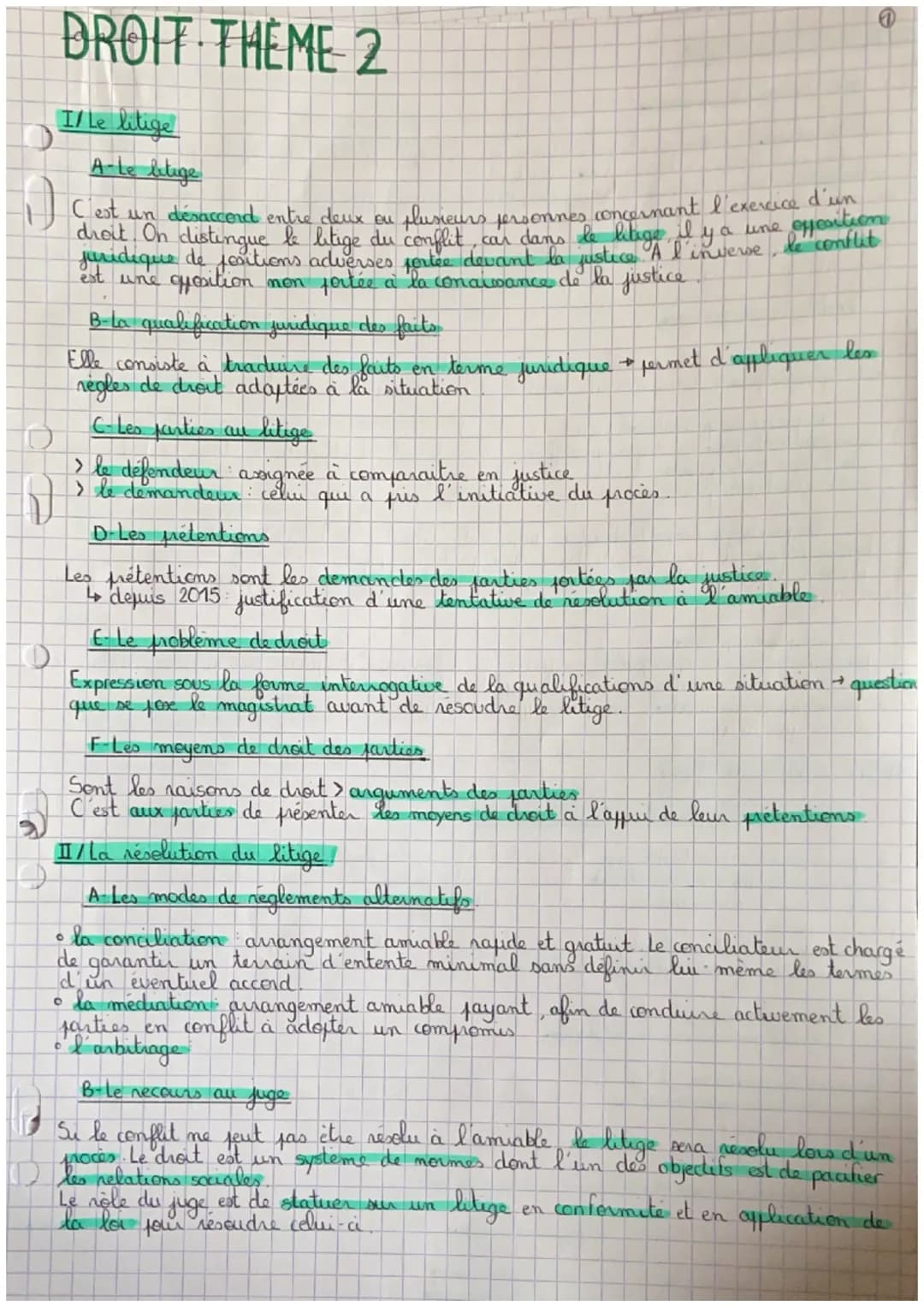 1)
DROIT THEME 2
Ile litige
A-Le litige
une offertion
C'est un désaccord entre deux ou plusieurs personnes concernant l'exercice d'un
droit.