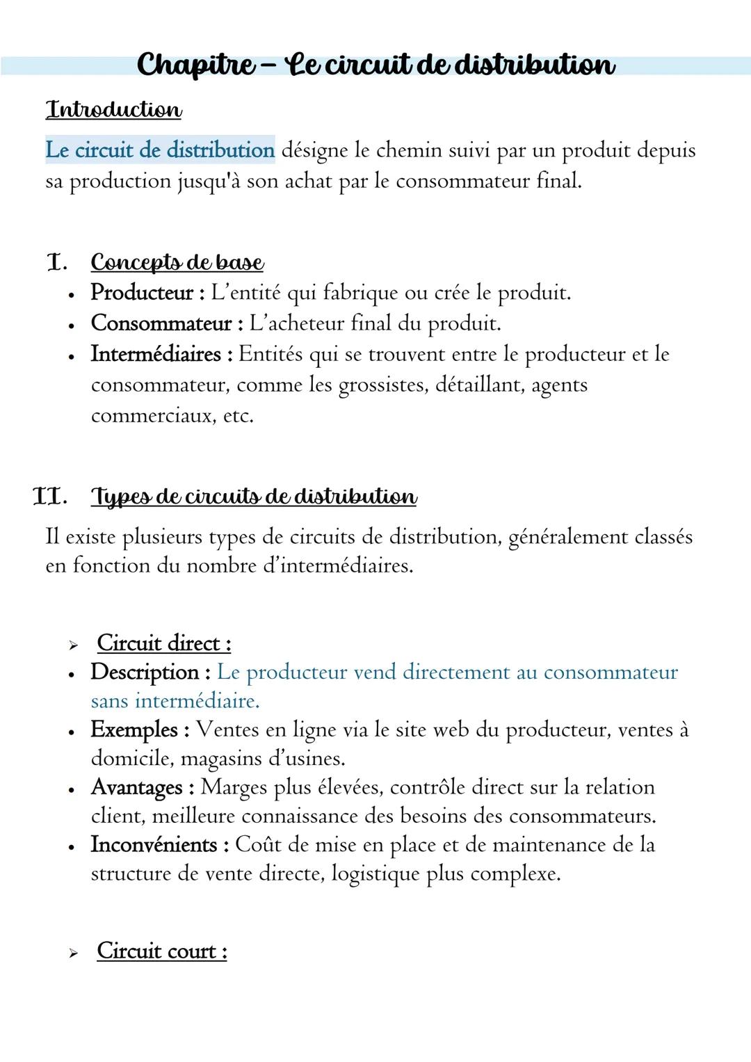 # Chapitre - Le circuit de distribution

## Introduction

Le circuit de distribution désigne le chemin suivi par un produit depuis
sa produc
