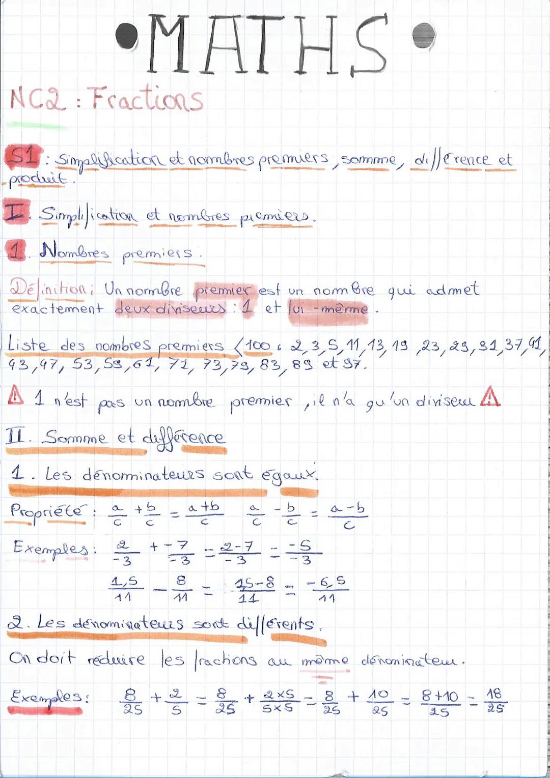 # MATHS

NC2: Fractions

51: Simplification et nombres premiers, somme, dillerence et
produit

I. Simplification et nombres premiers.

1. No